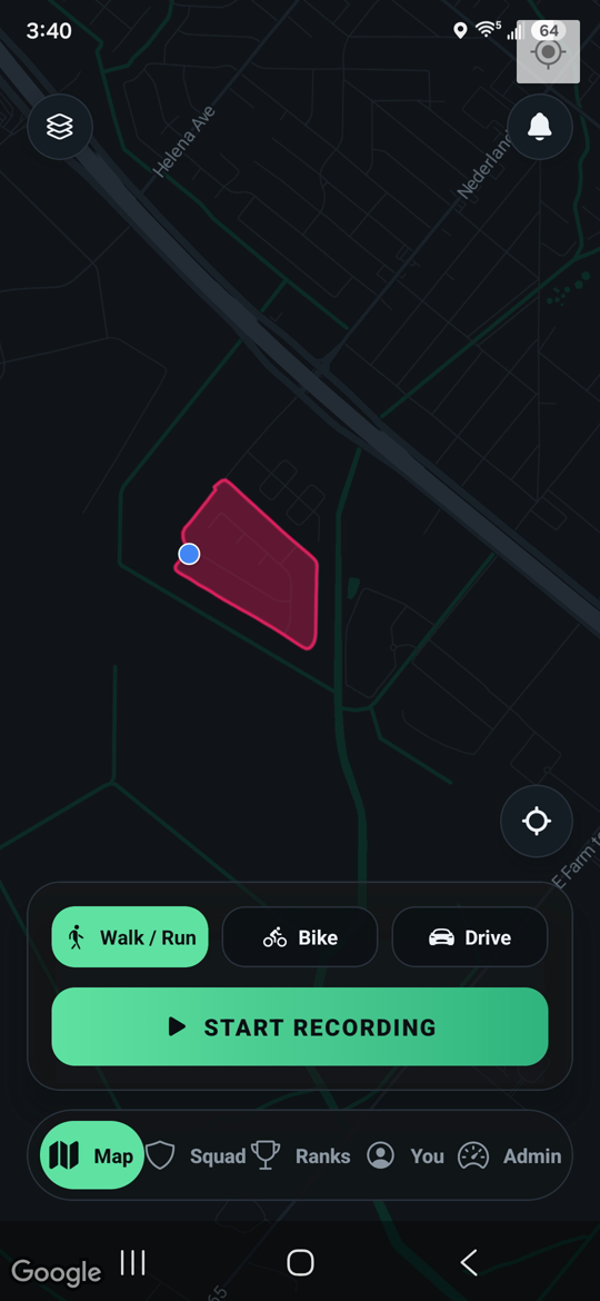 TerraLoop map screen showing a claimed territory and the Walk, Bike, and Drive recording modes