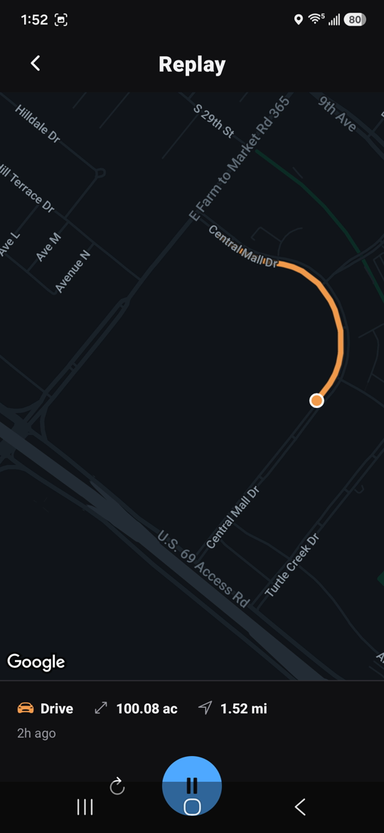 Animated replay of a closed driving loop that claimed 100 acres of territory