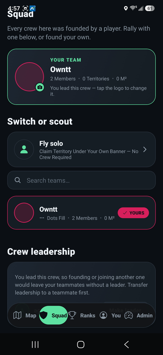 Team screen for joining a team, flying solo, or founding your own